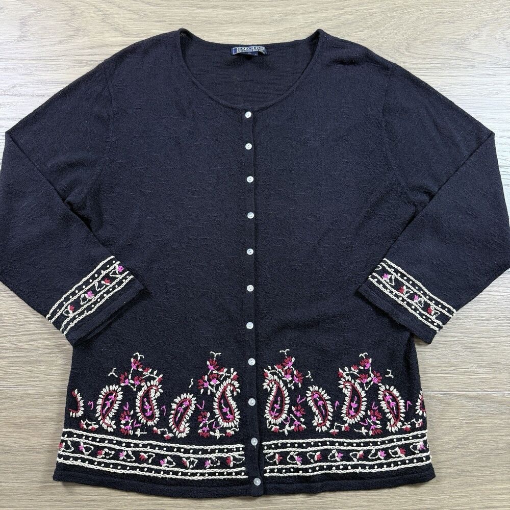 Vintage Harolds Sweater Women XL Paisley Ebellished Embroidered Cardigan Black